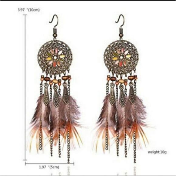 Medallion dreamcatcher boho beaded feather earrings - Picture 3 of 4